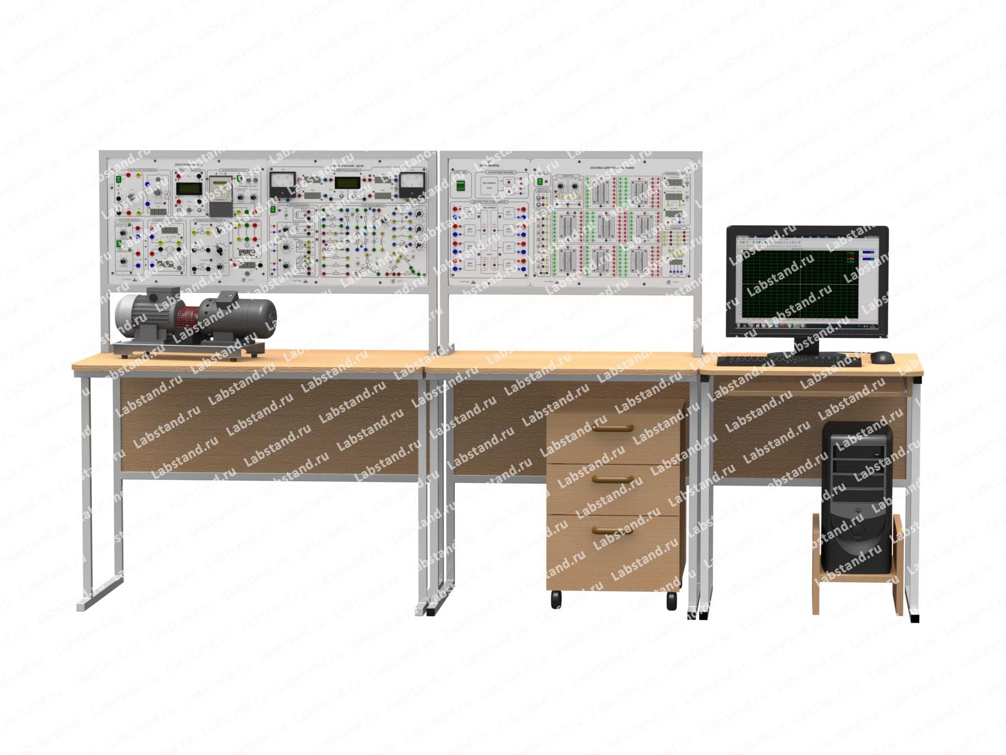 Лабораторный стенд «Электротехника и основы электроники», исполнение стендовое компьютерное минимодульное, 3 моноблока, ЭТиОЭ2-М3-СКМ